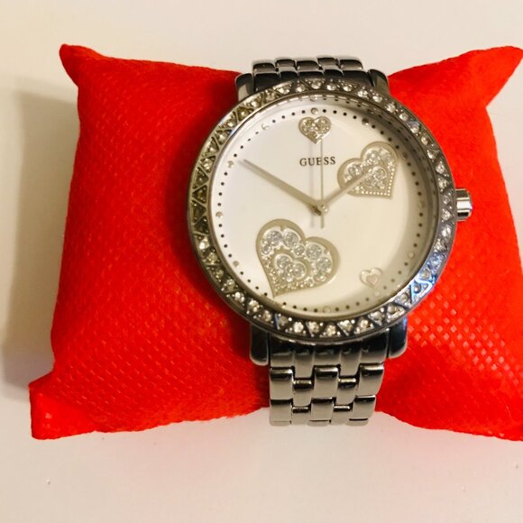 Guess Accessories - Guess Crystal Hearts Ladies Silver Tone Bracelet Watch Wrist Size 6"